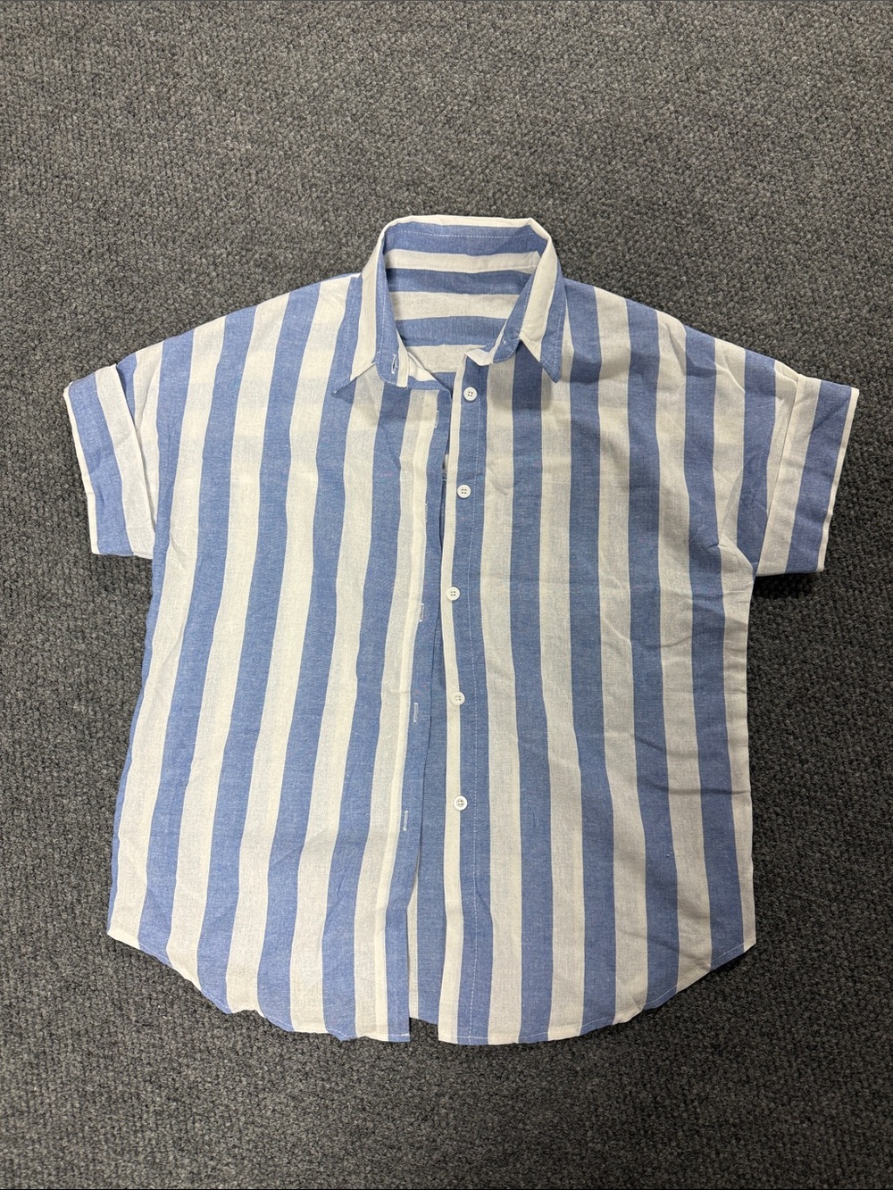 Women's Blue and White Striped Short-Sleeve Button-Down Shirt